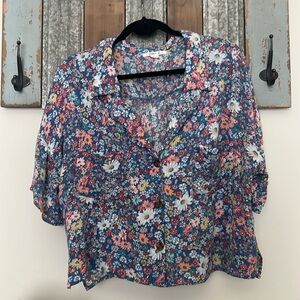 O’Neill Floral Blue Crepe Shirt Large VNeck Peplum Balloon/Drop Sleeve Top